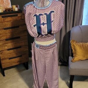 Blue and Purple Pattern Pant Set. Satin Material.